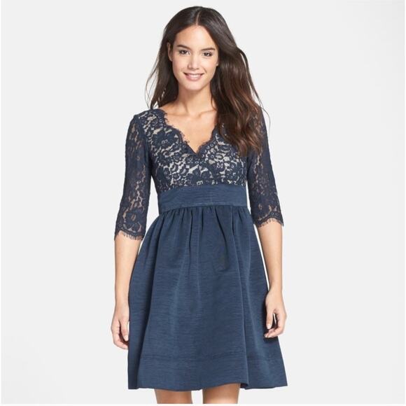 Eliza J Dresses & Skirts - Eliza J Navy Lace Bodice Midi Dress
